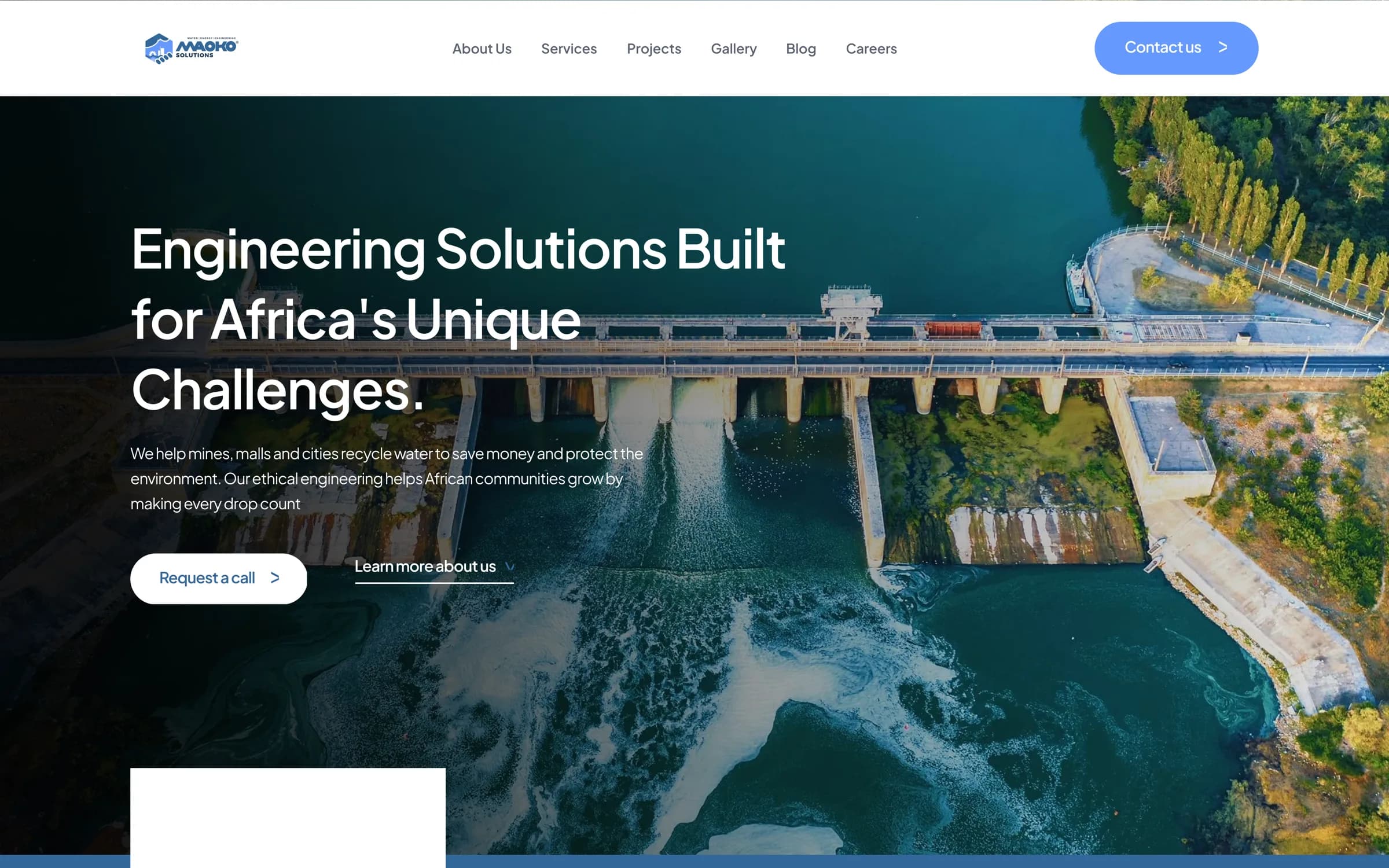 The Maoko Solutions homepage, showing an aerial photograph of a dam behind the headline “Engineering Solutions Built for Africa’s Unique Challenges”.