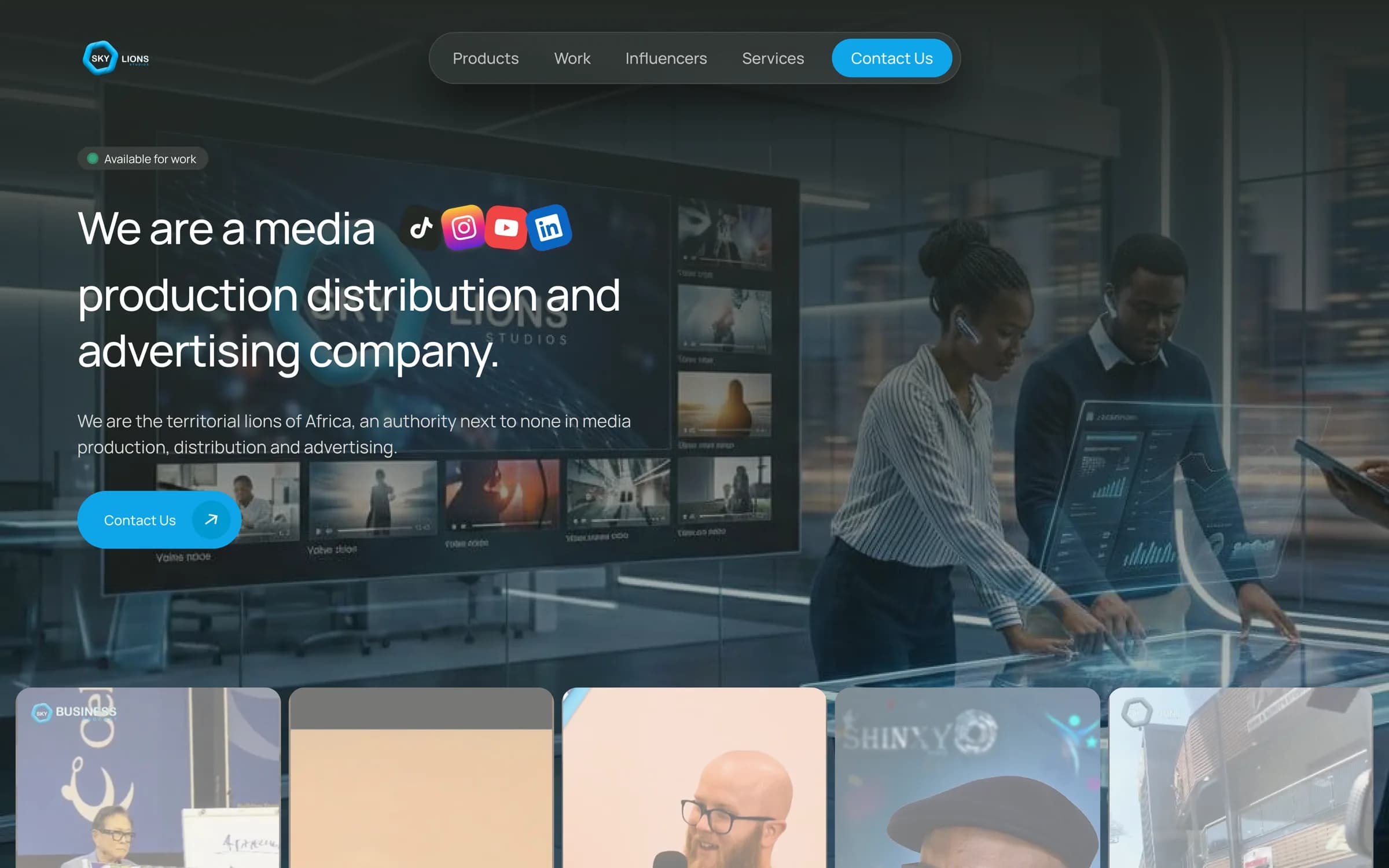 The Skylions Studios homepage, showing a dark studio scene behind the headline “We are a media production distribution and advertising company”.